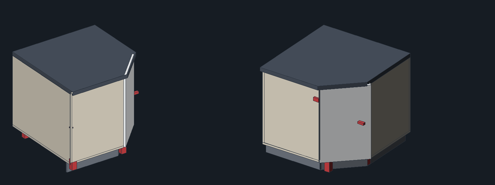 A 45-degree corner cabinet built by the generator, showing both return side panels, the pentagon worktop and the three-piece plinth.