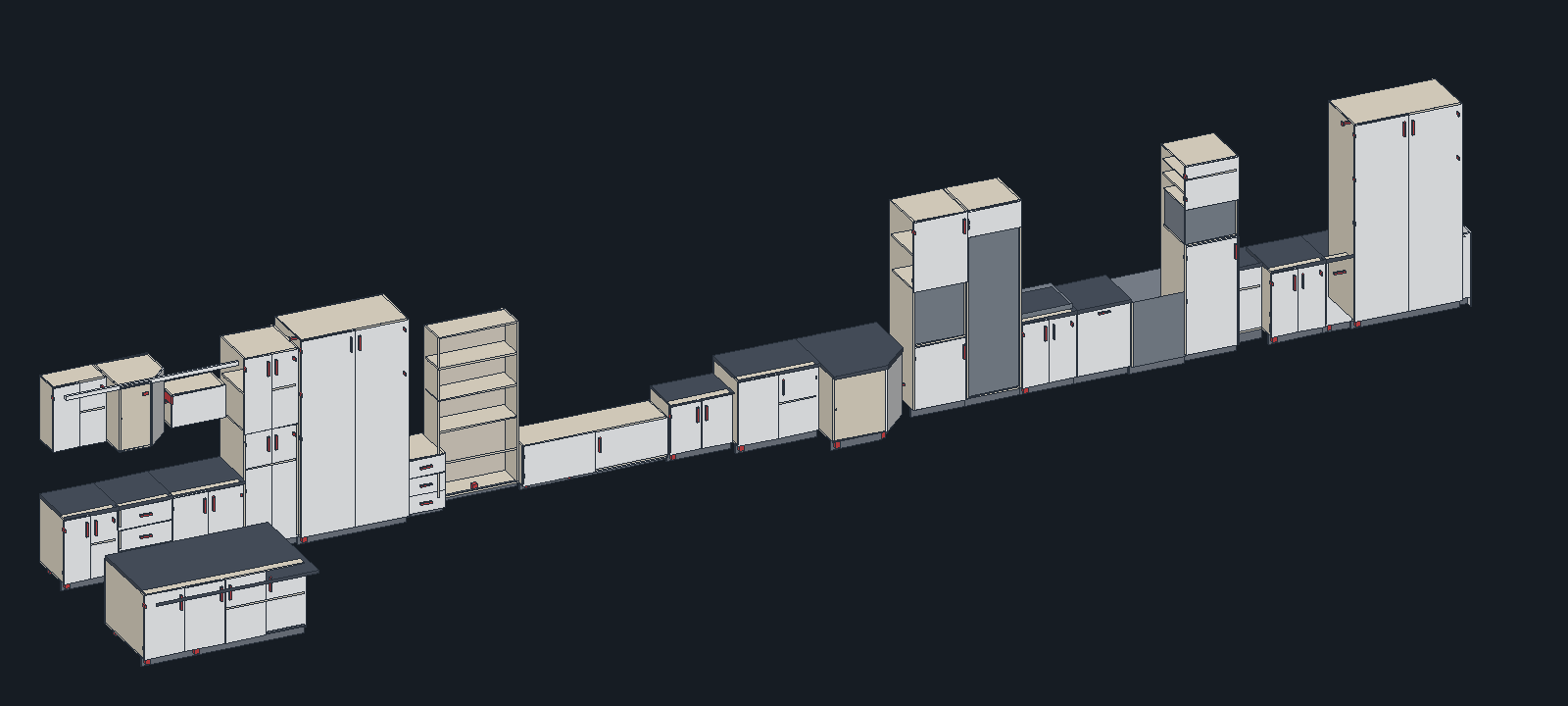 All 28 cabinet types placed in a row